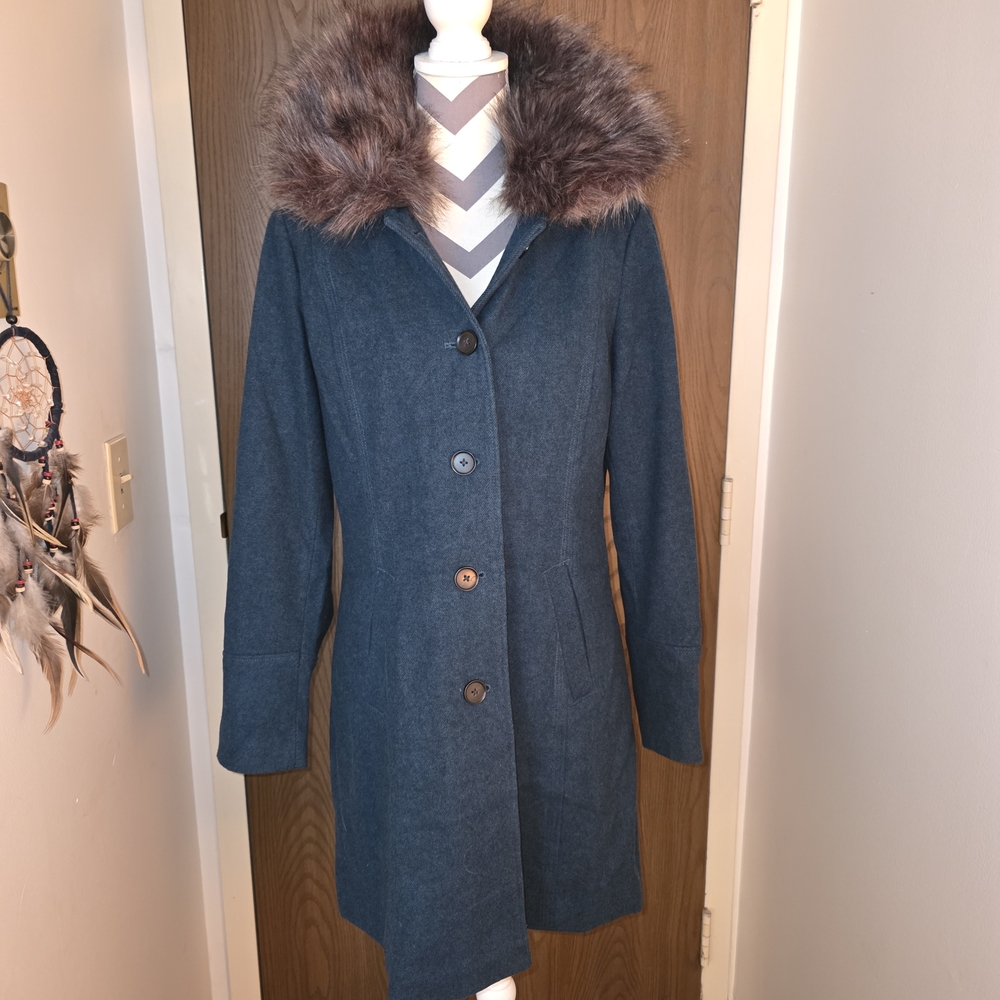 Banana Republic Hunter Green Pea Coat with Faux Fur Collar